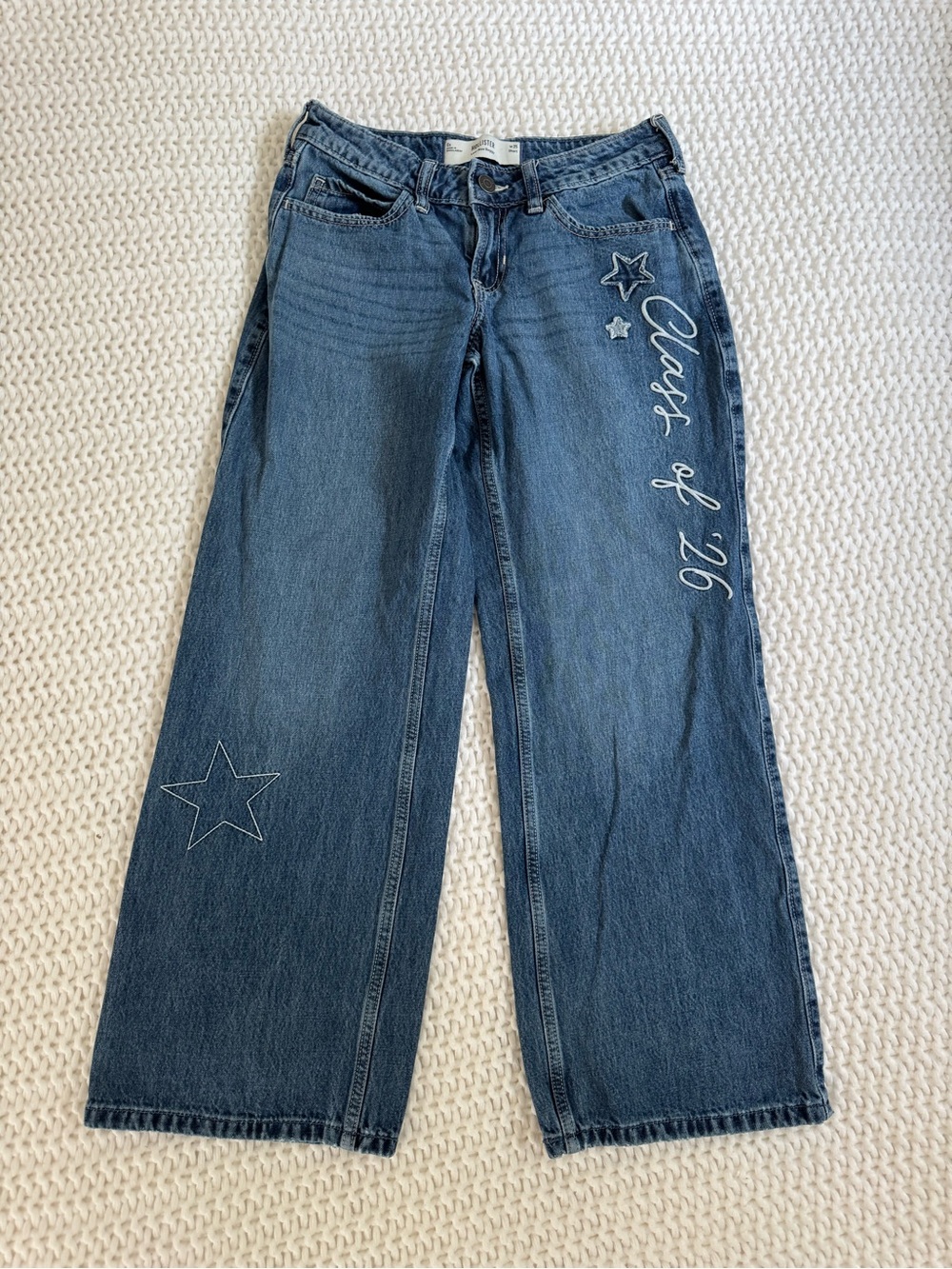 Hollister Blue Low Rise Baggy Jeans with Class of 26’ Star Embroidery